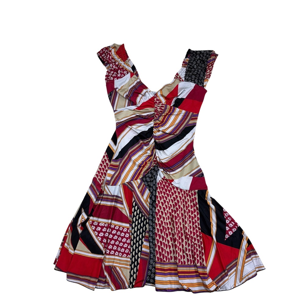 Egerie Paris Patchwork‎ Print Ruched V-Neck Fit & Flare Dress Red Black White